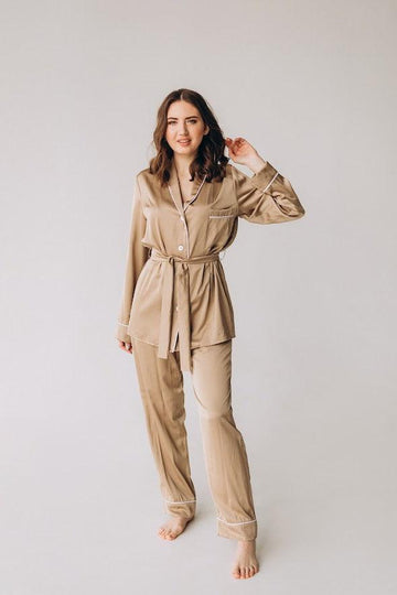 In Stock • Stylish Satin Pajamas Set BEIGE • Style MOON