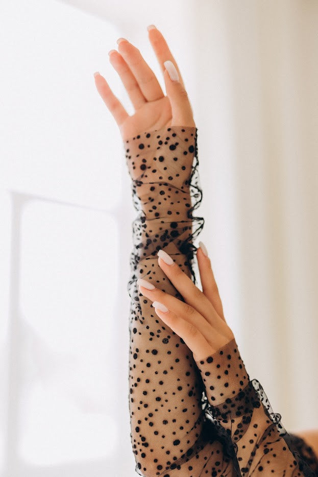 Wedding gloves made of soft fine mesh with polka dots for weddings, parties, events, photo shoot or achieving an evening look at a Gatsby Party