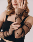 Pearl-Adorned Black Gloves from elastic stretch mesh with black pearls for weddings, parties, events, Gatsby party