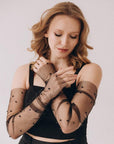 Pearl-Adorned Black Gloves from elastic stretch mesh with black pearls for weddings, parties, events, Gatsby party