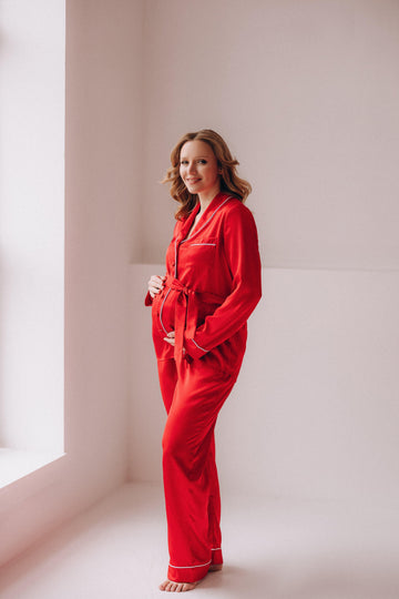 In Stock • Maternity Stylish Satin Pajamas Set RED • Style MOON