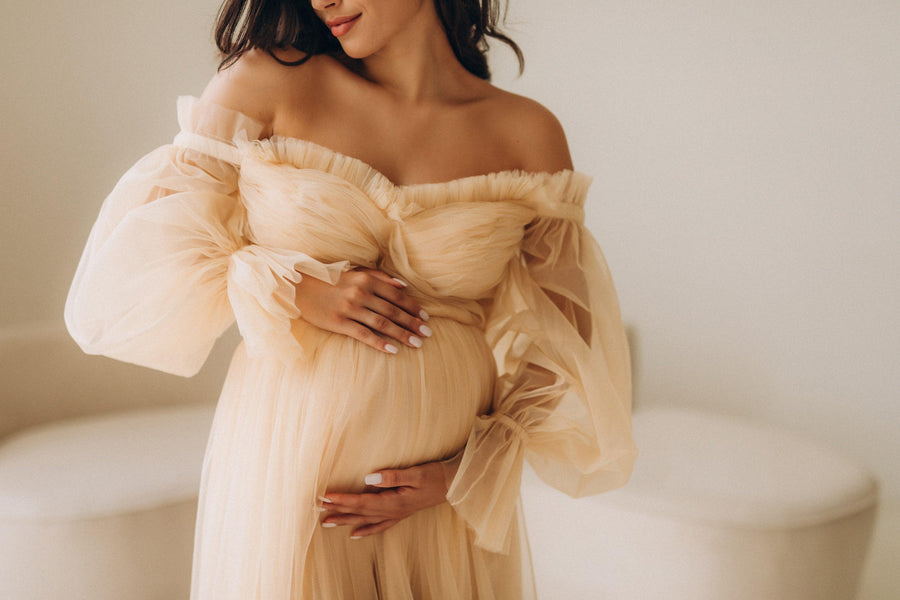 In Stock • Maternity Off The Shoulder Tulle Dress Midi Length • Style MIDI ABIGAIL