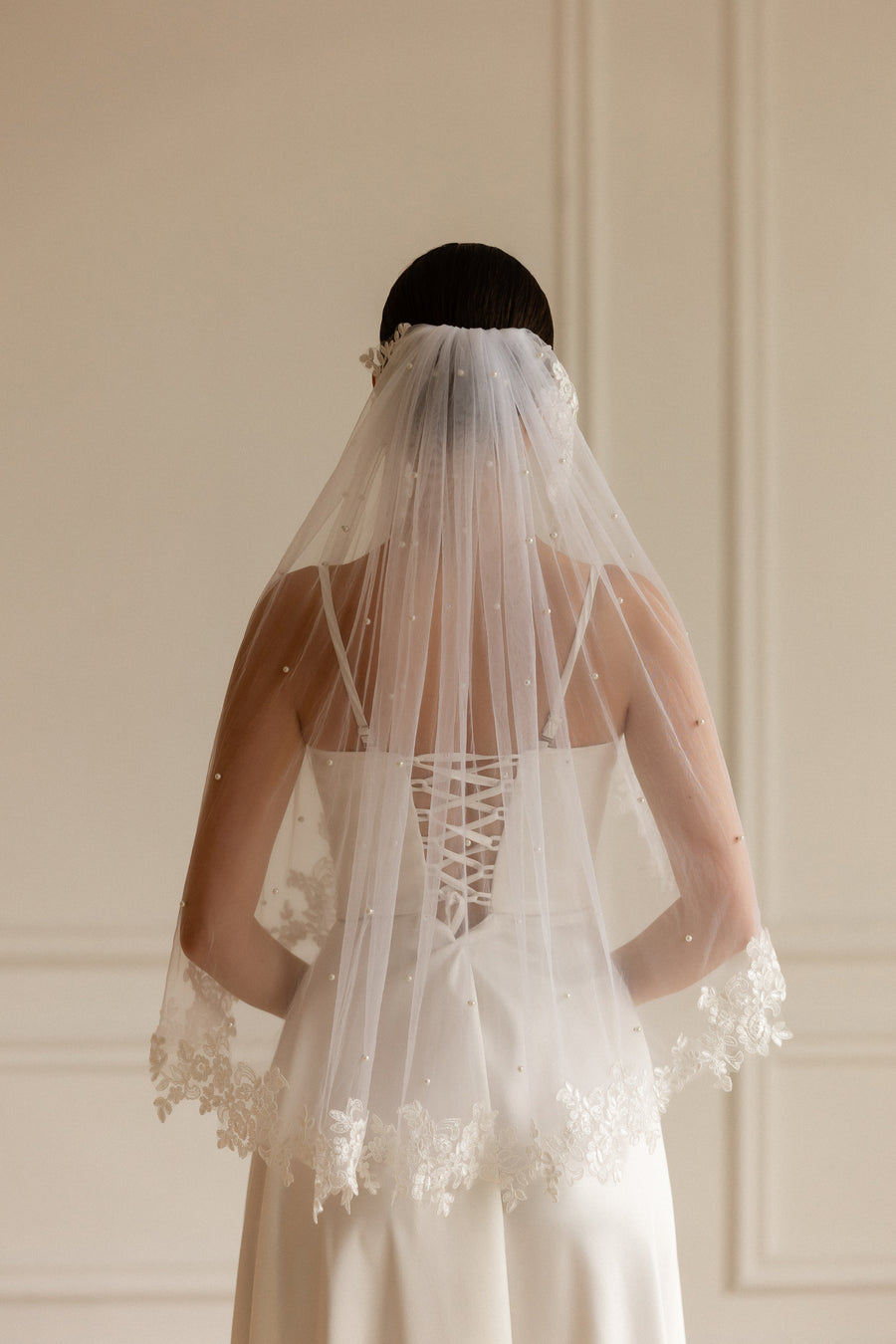 Lace veil with pearls • Unique wedding veil