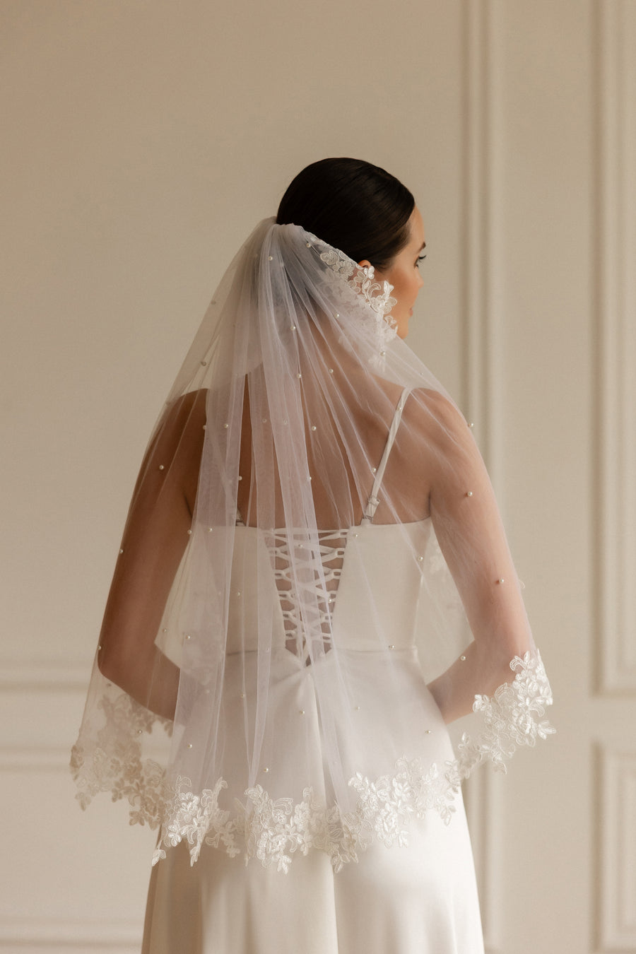 Lace veil with pearls • Unique wedding veil