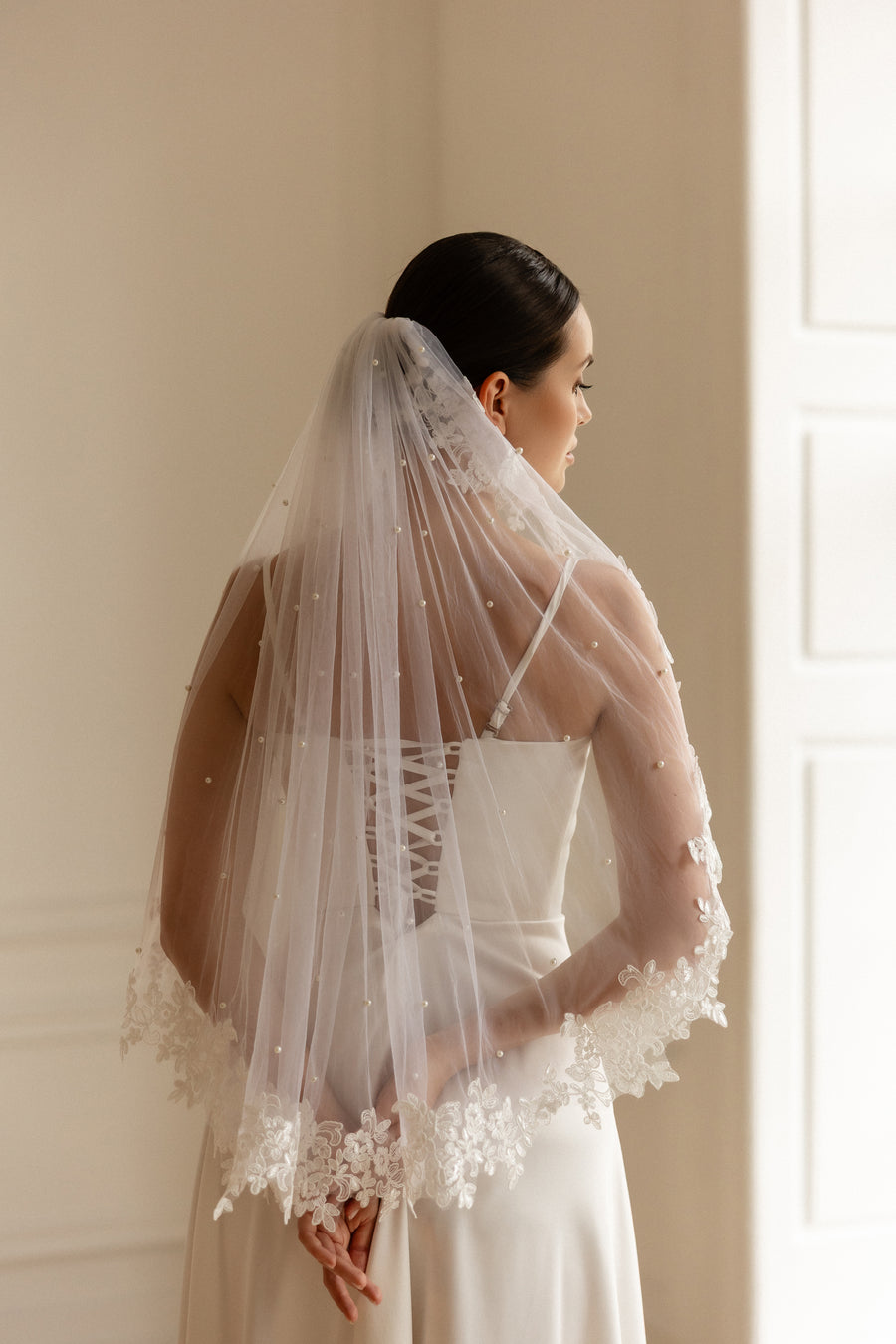 Lace veil with pearls • Unique wedding veil